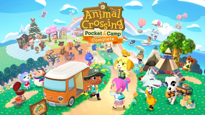 A logo that says "Welcome to Animal Crossing Pocket Camp Complete." There are a bunch of character interacting on a camp ground, with a rainbow in the background.