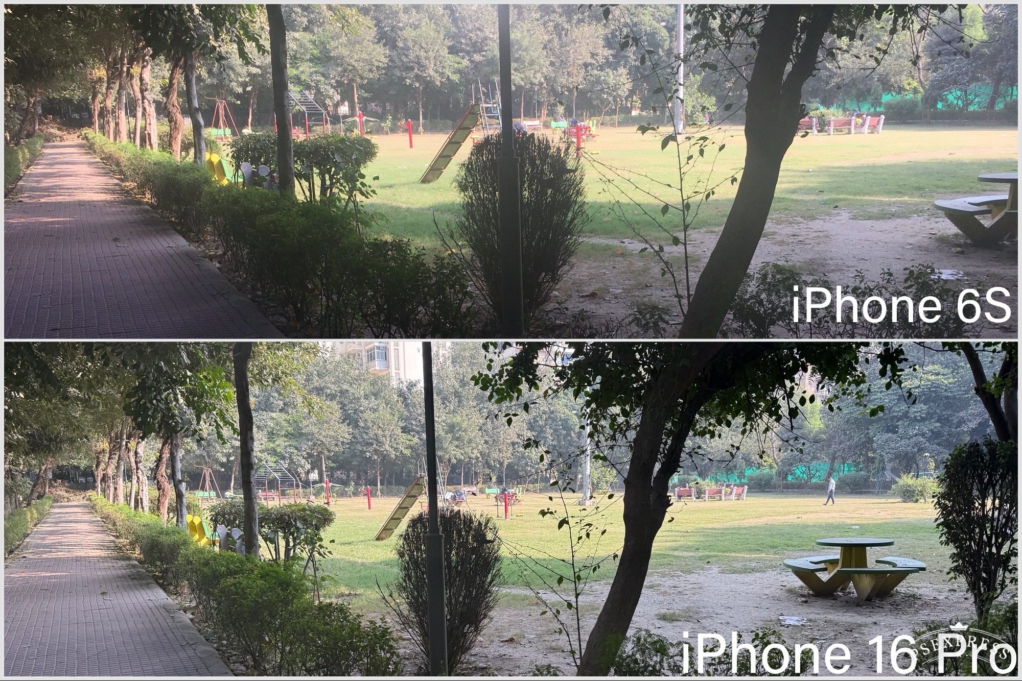 Comparison of pictures taken by iPhone.16 Pro and iPhone 6S in a park.