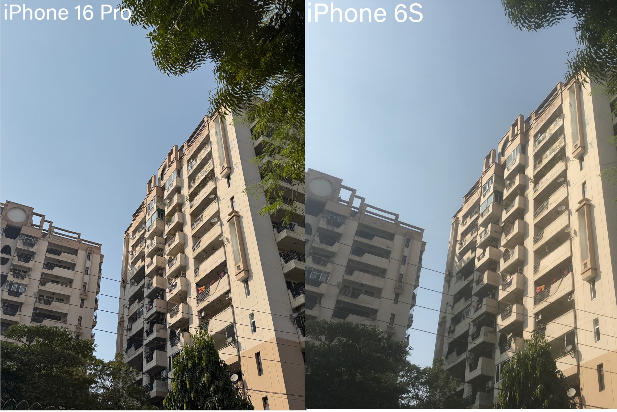 Comparison of pictures taken by iPhone. 16 Pro and iPhone 6S with focus on a building.