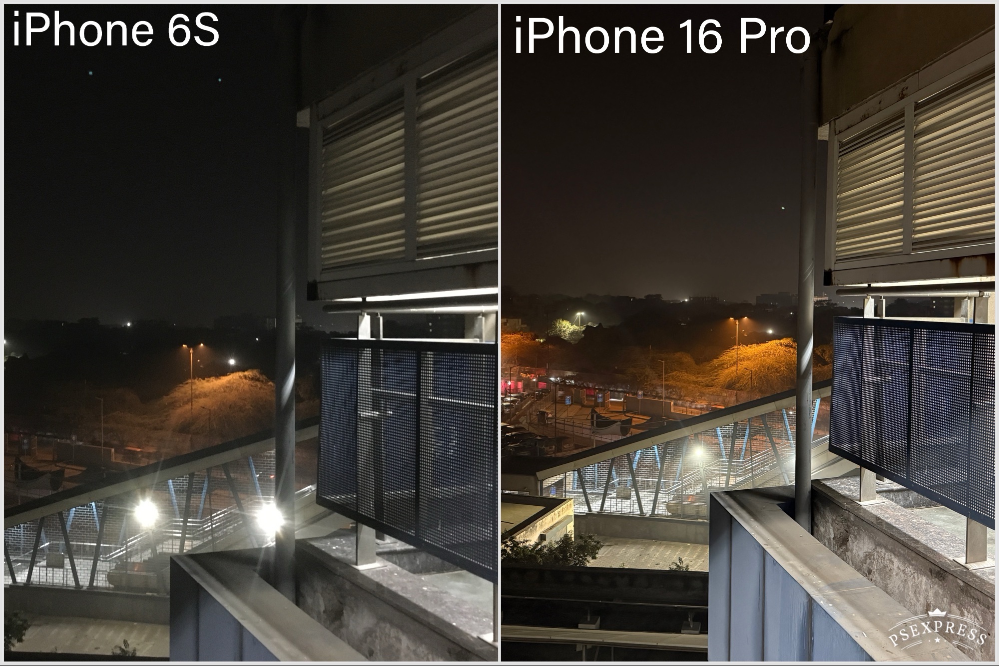 Comparison of pictures taken by iPhone.16 Pro and iPhone 6S showing long-range night capture.