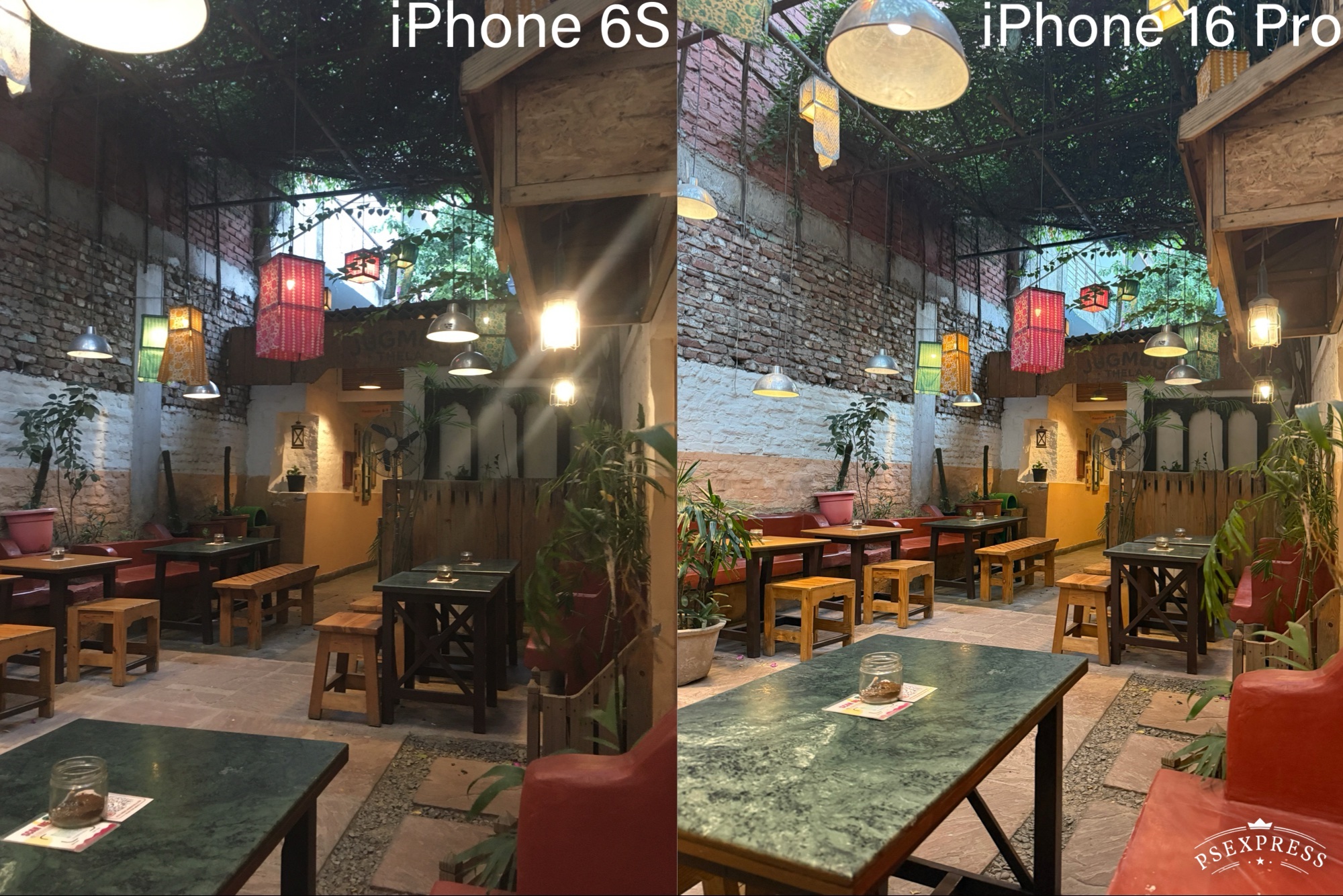 Comparison of pictures taken by iPhone.16 Pro and iPhone 6S in an opens-sky coffee shop.