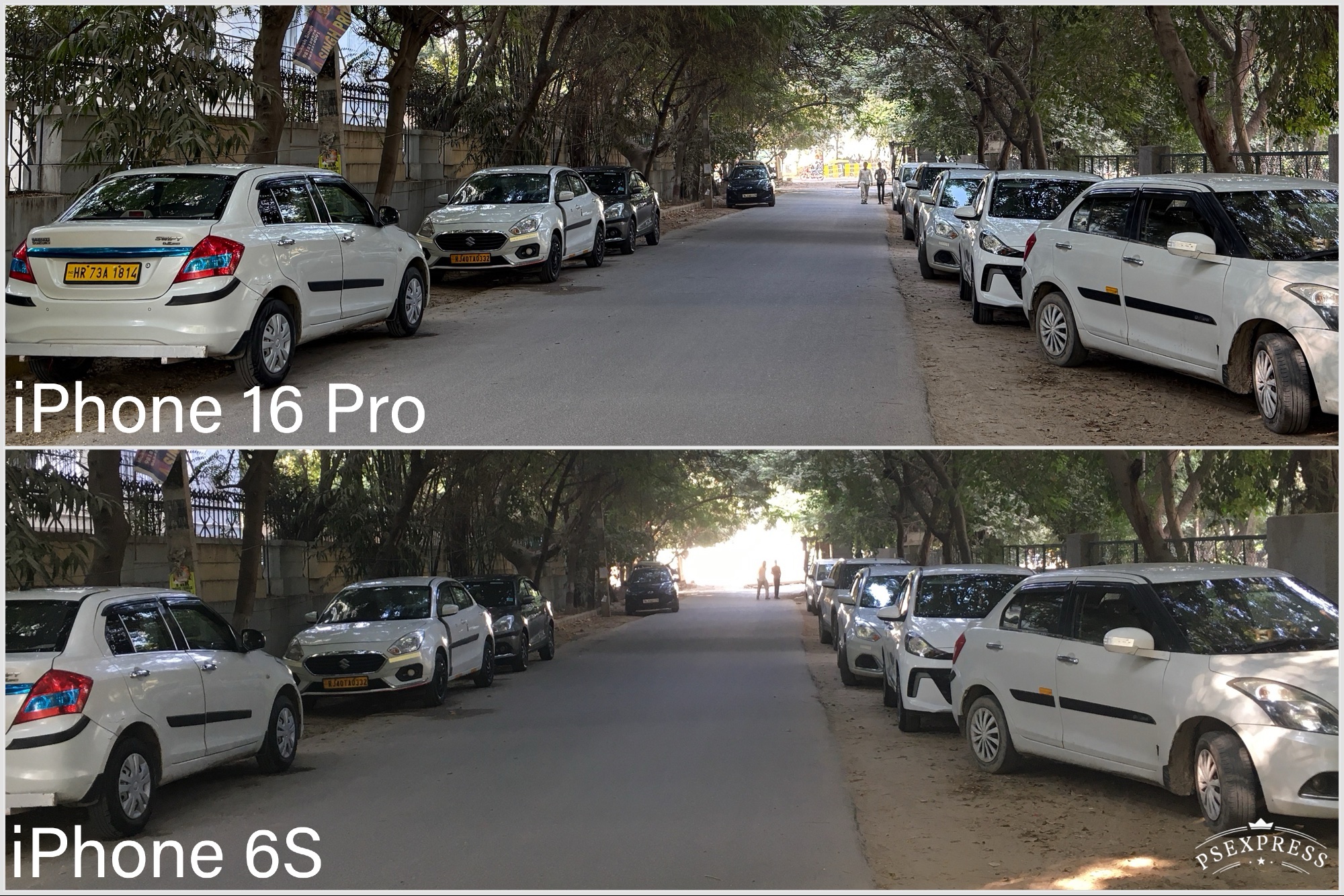 Comparison of pictures taken by iPhone.16 Pro and iPhone 6S showing cars parked on each side of the road.