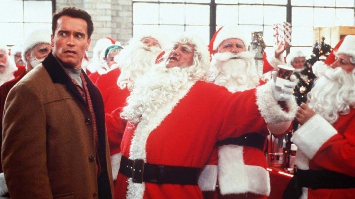 Arnold Schwarzenegger with a bunch of guys dressed like Santa in Jingle All the Way.